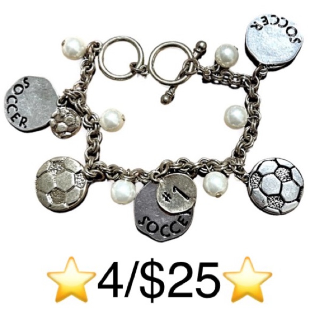 Silver Tone Soccer Ball Charm Bracelet with Faux Pearls